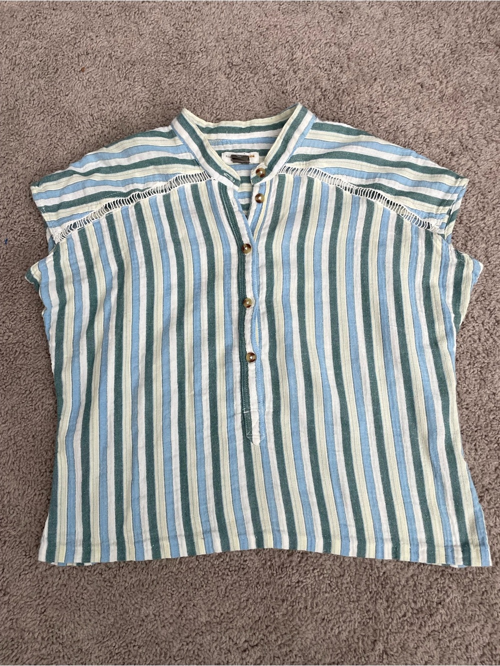Pilcro by Anthropologie Blue Green Striped Linen Blend Henley Top